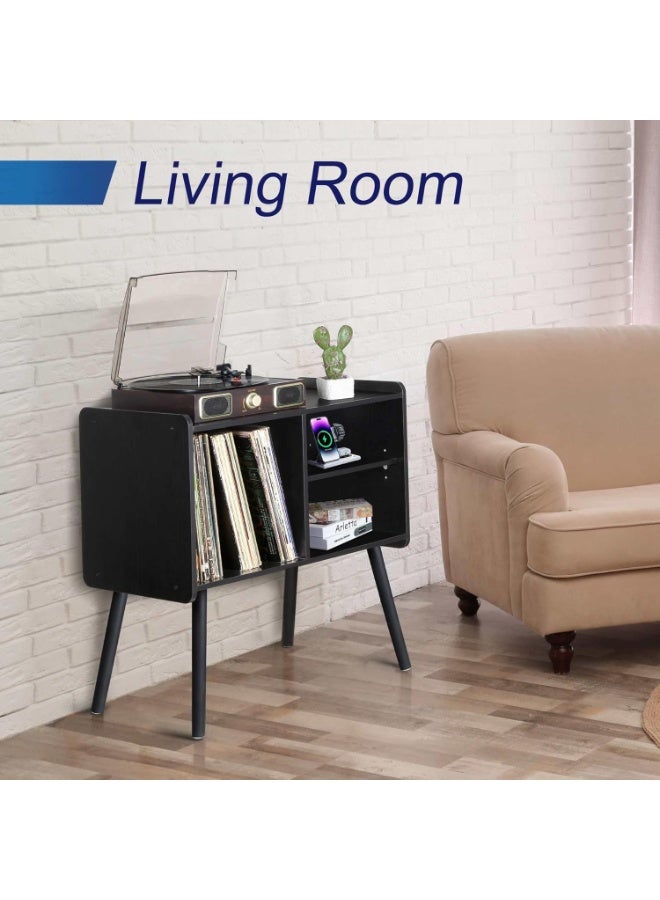 Black Record Player Stand with Vinyl Storage, Mid-Century Modern Record Player Table, Turntable Stand for Living Room, Office, Record Storage Cabinet Up to 100 Albums - Image 2